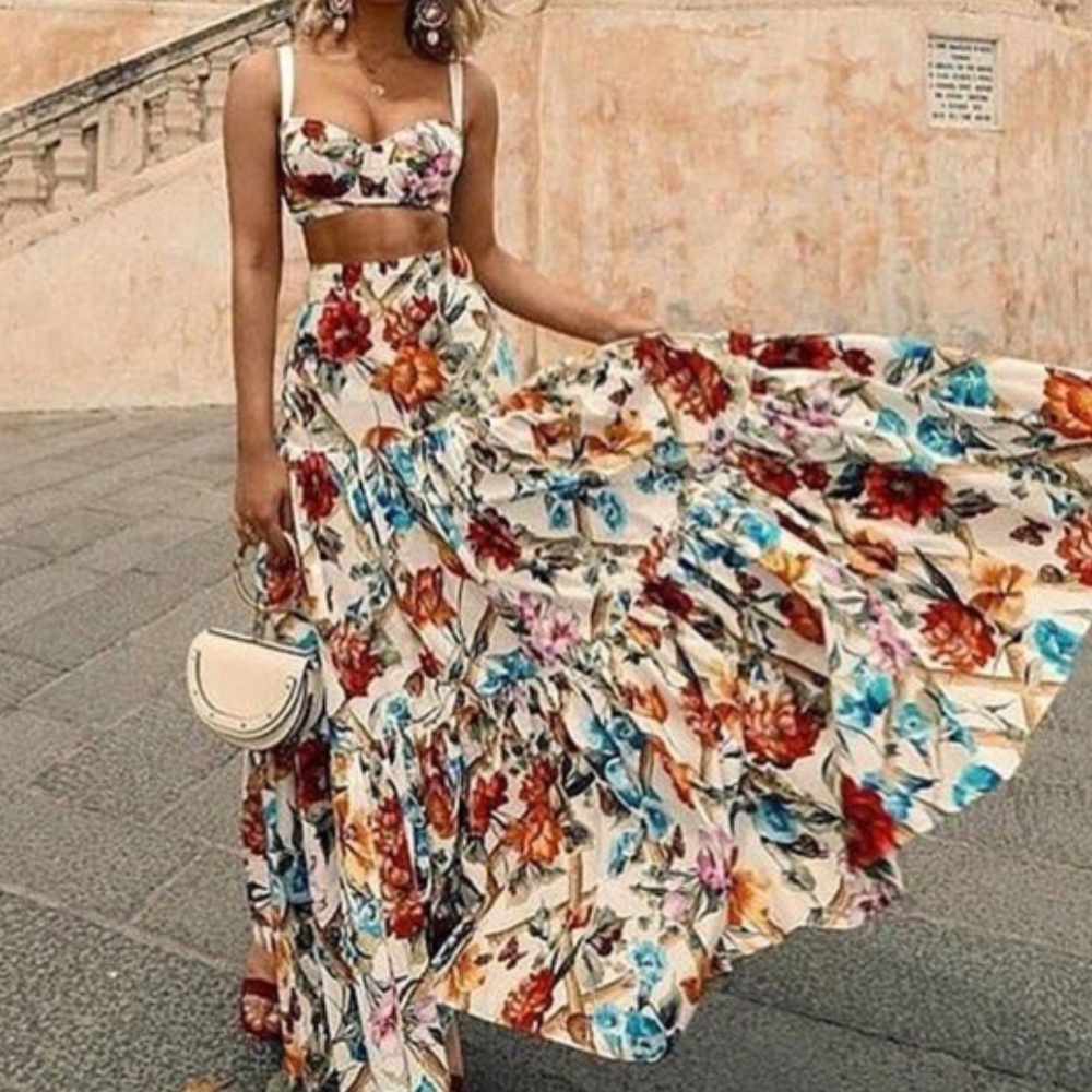 Bohemian gypsy floral print crop top maxi skirt Set - Picture 1 of 12
